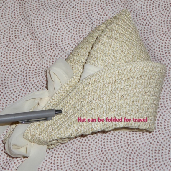 NINE WEST IVORY SUN HAT SCARF BOW FOLDED BACK FLOPPY FLIP UP O/S CREAM PACKABLE - Picture 8 of 8